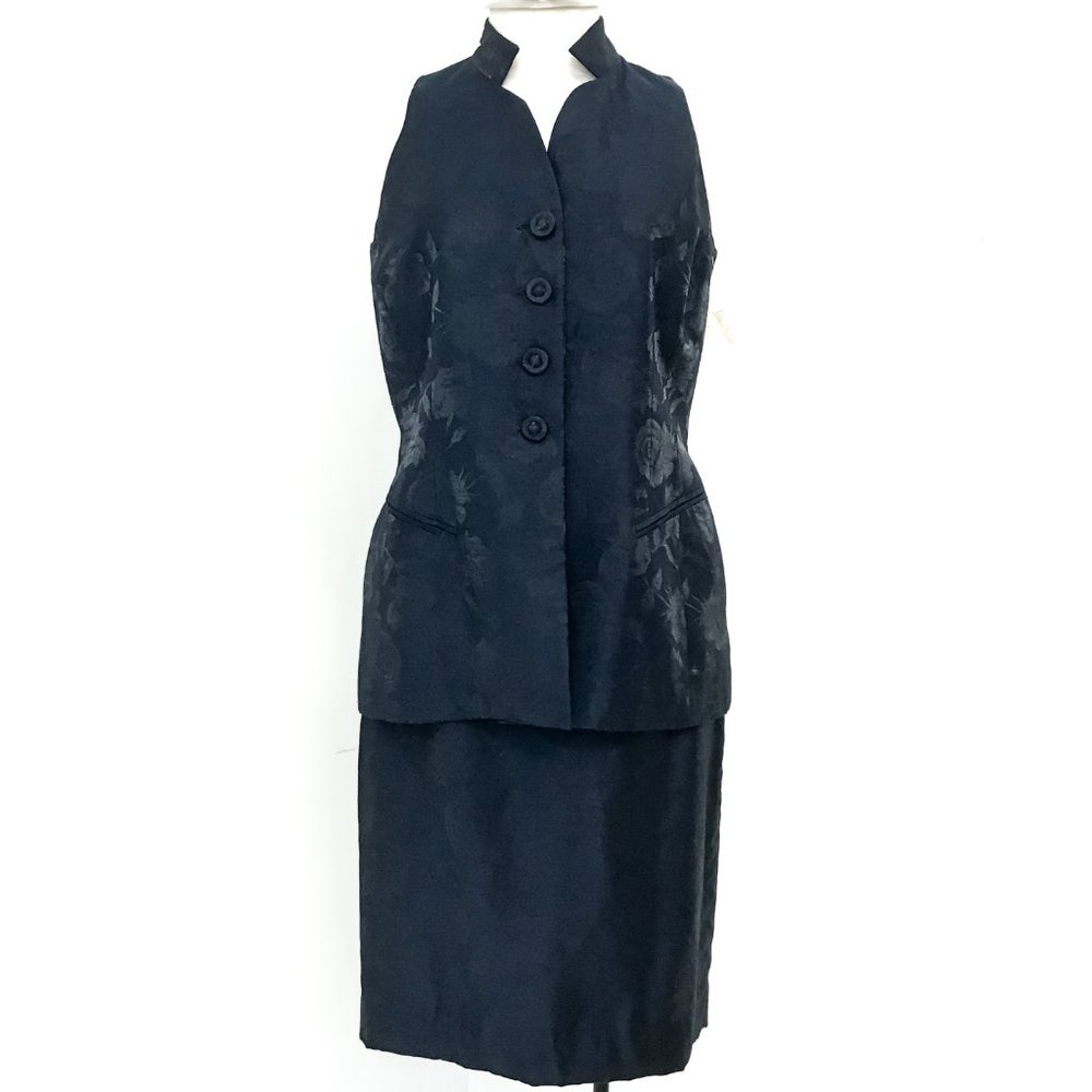 Dior 10P Metallic Floral Formal Skirt Suit Navy